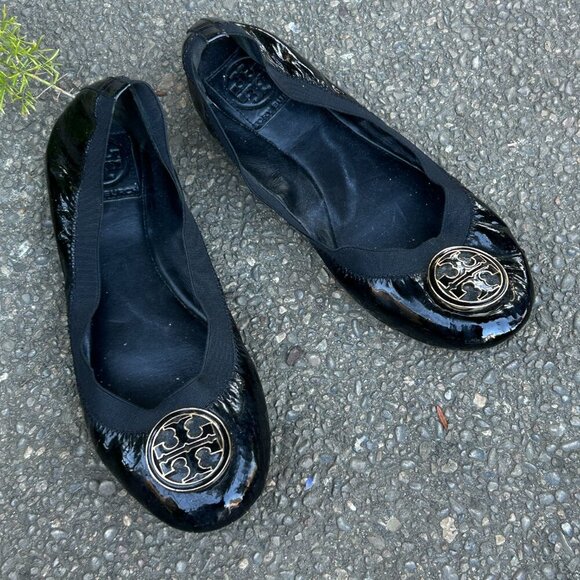 Tory Burch Minnie Black Patent Leather Travel Ballet Flat Size 8 - Picture 7 of 7